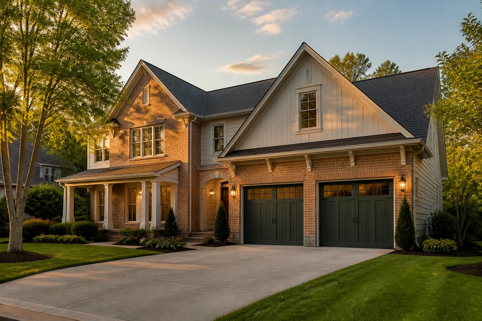 Upscale Greenville, SC home with a hunter green carriage-style two-car garage door at golden hour